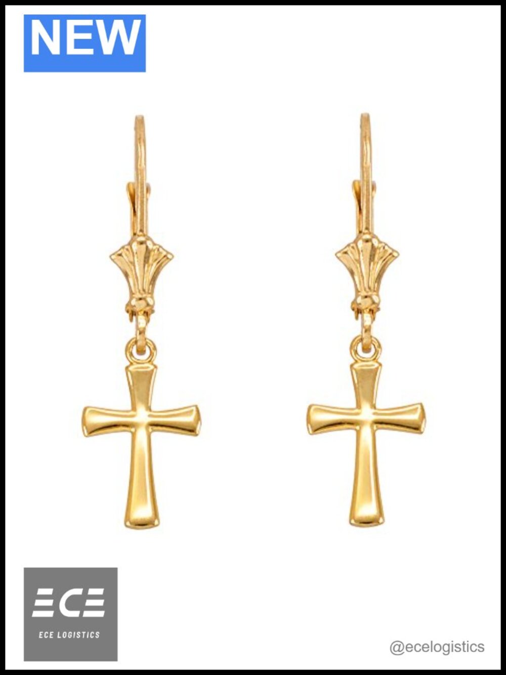 14k Yellow Gold Mini Rounded Cross Dangle Earrings Lever Back